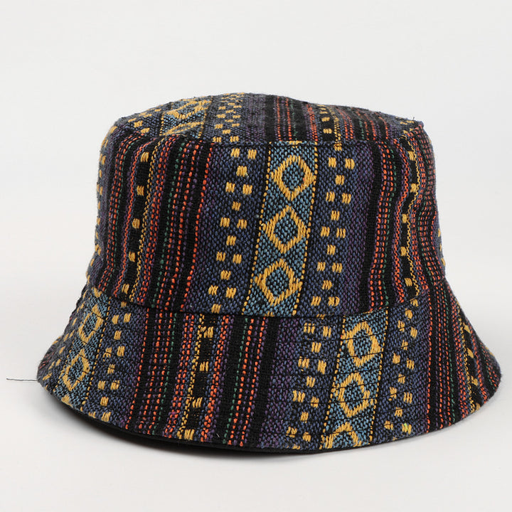 European And American Retro Color Ethnic Style Knitted Reversible Fisherman Hat Male And Female Stripes Diamond Canvas Casual Flat Top Bucket Hat