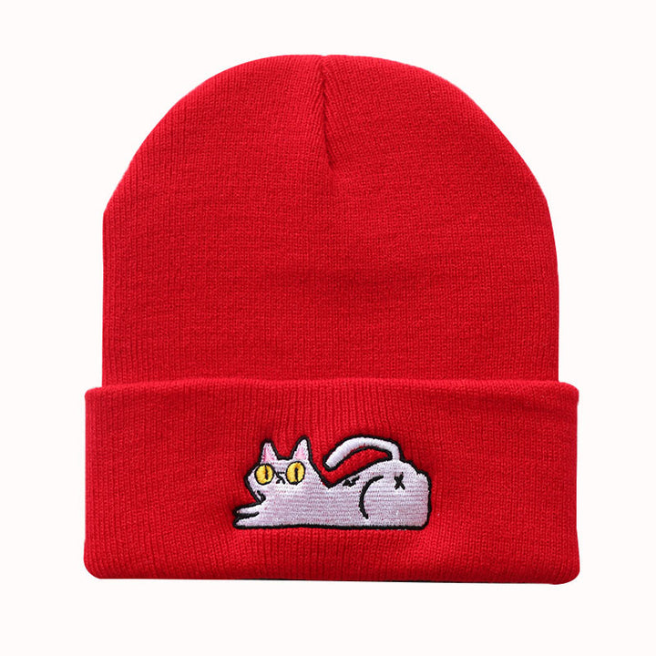 Cute Lazy Cat Embroidered Hip Hop Knitted Beanie