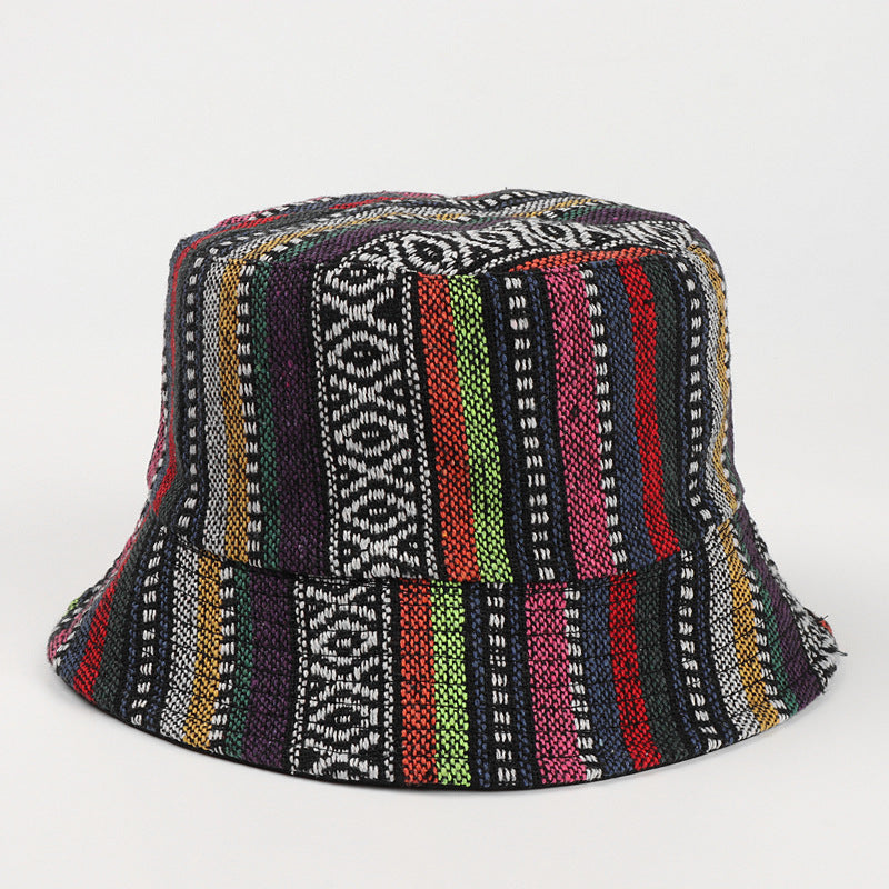 European And American Retro Color Ethnic Style Knitted Reversible Fisherman Hat Male And Female Stripes Diamond Canvas Casual Flat Top Bucket Hat