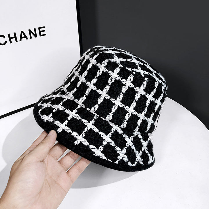 Black Plaid Knitted Fisherman Hat Female Retro Fashion