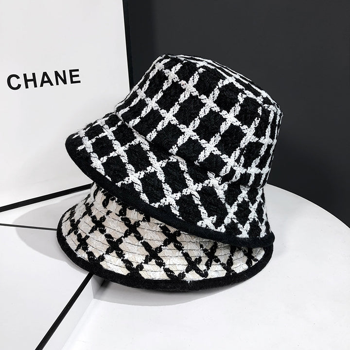 Black Plaid Knitted Fisherman Hat Female Retro Fashion