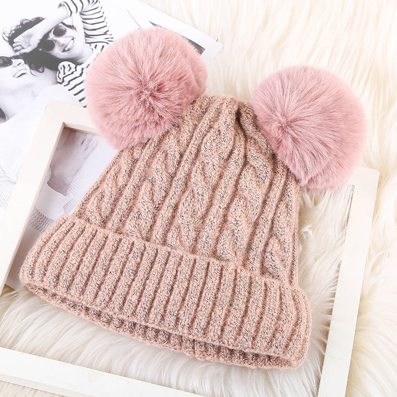 Ladies Fleece Double Fur Ball Personalized Warm Hat