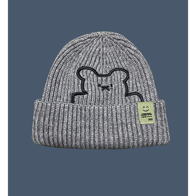 Embroidery Cute Cartoon Bear Knitted Hat Women