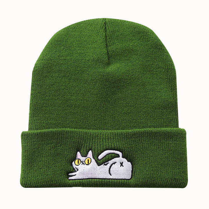 Cute Lazy Cat Embroidered Hip Hop Knitted Beanie