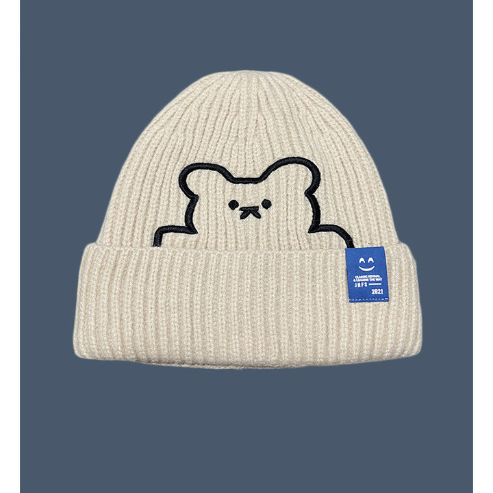 Embroidery Cute Cartoon Bear Knitted Hat Women