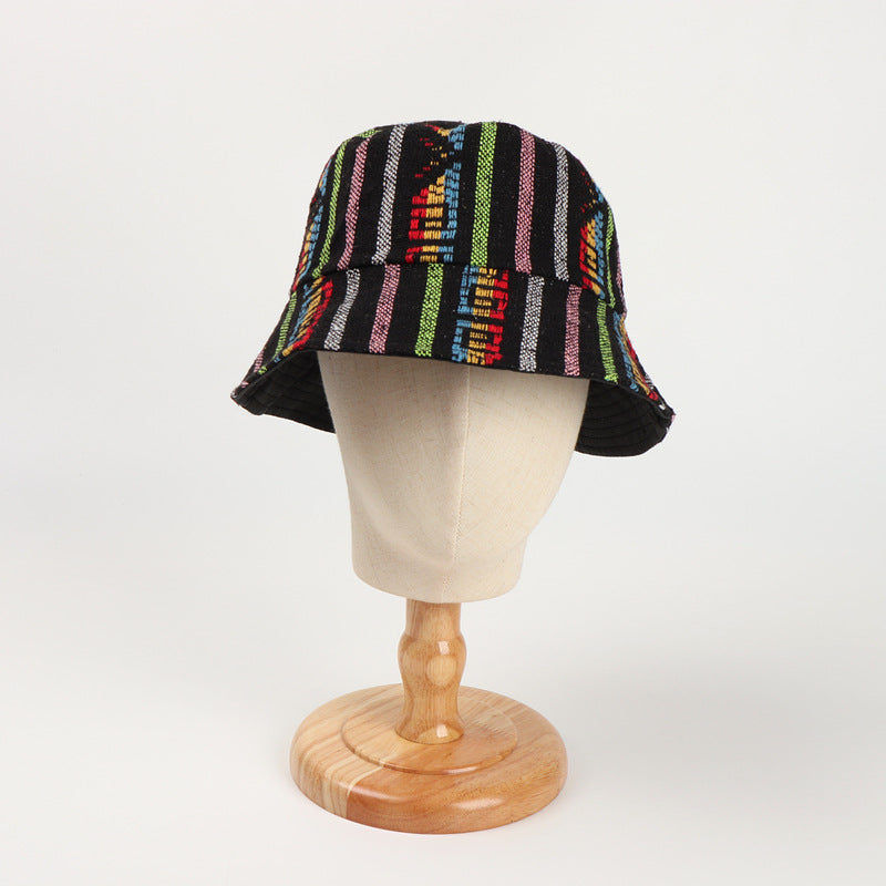 European And American Retro Color Ethnic Style Knitted Reversible Fisherman Hat Male And Female Stripes Diamond Canvas Casual Flat Top Bucket Hat