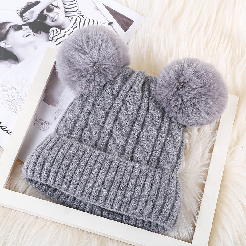 Ladies Fleece Double Fur Ball Personalized Warm Hat