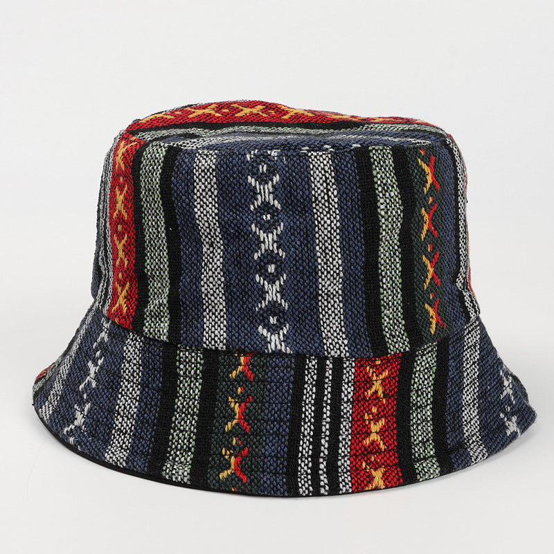 European And American Retro Color Ethnic Style Knitted Reversible Fisherman Hat Male And Female Stripes Diamond Canvas Casual Flat Top Bucket Hat