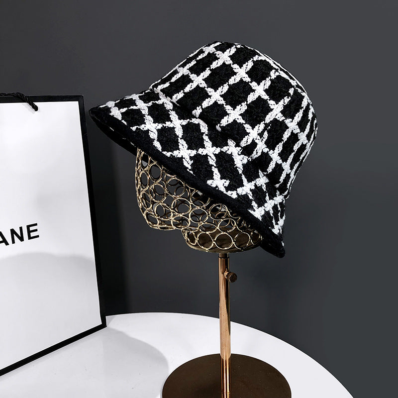 Black Plaid Knitted Fisherman Hat Female Retro Fashion