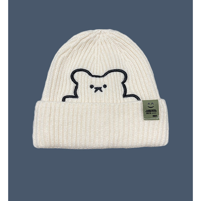 Embroidery Cute Cartoon Bear Knitted Hat Women