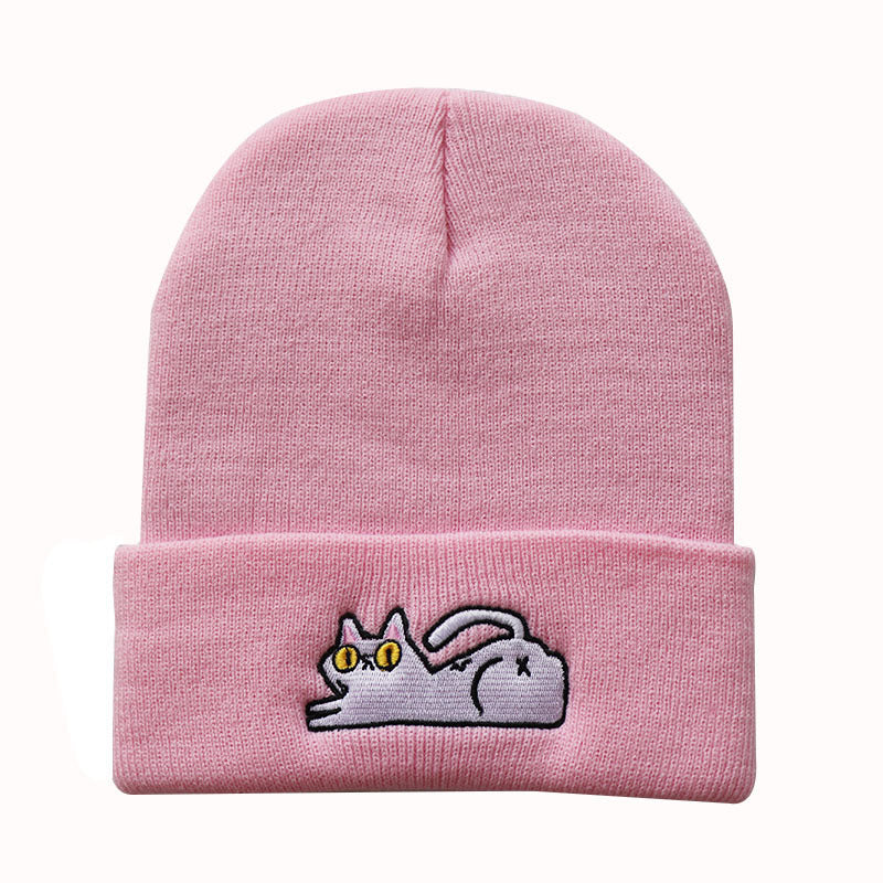 Cute Lazy Cat Embroidered Hip Hop Knitted Beanie