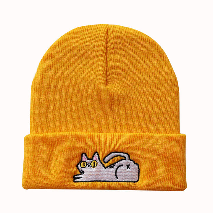 Cute Lazy Cat Embroidered Hip Hop Knitted Beanie